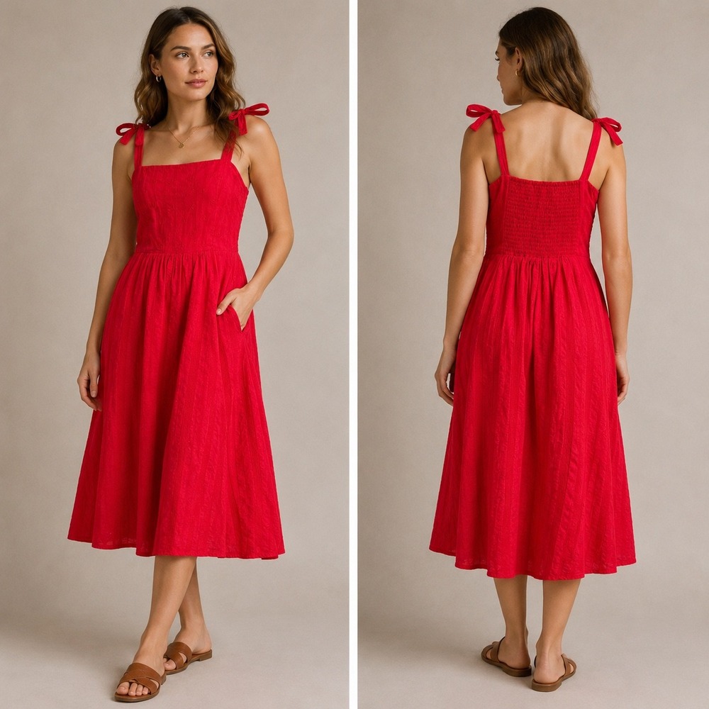 Draper James RSVP Womens L Midi Dress Red Heart Embroidered Cottagecore Summer - Picture 14 of 14